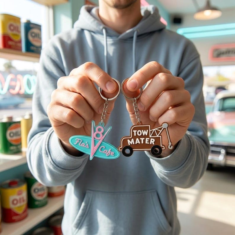 Puede incluir: Dos llaveros de metal con dise&ntilde;os ic&oacute;nicos. Uno es un letrero ovalado azul claro con una forma de V rosa y el texto Flo's Cafe. El otro es una gr&uacute;a marr&oacute;n con el texto TOW MATER y un gancho de gr&uacute;a plateado unido a una anilla.