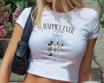 Disney Mrs And Mr Baby Tee, Mickey Minnie Couple Happy Ever After Crop Top, Disney Wedding Shirts, Just Married Honeymoon Matching T-Shirt