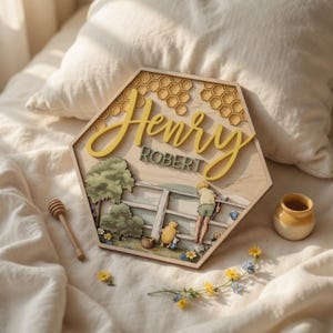 May include: A hexagonal wooden wall sign featuring a honeycomb pattern at the top, the name Henry in large yellow script, and the name ROBERT in smaller gray block letters. The scene depicts a cartoon character leaning on a fence near trees.
