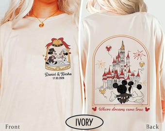 Dwustronna koszulka dla pary Disney, spersonalizowana koszulka ślubna Disney, koszulka z Myszką Miki i Panną Młodą Minnie, koszulka z motywem podróży poślubnej w Disneylandzie