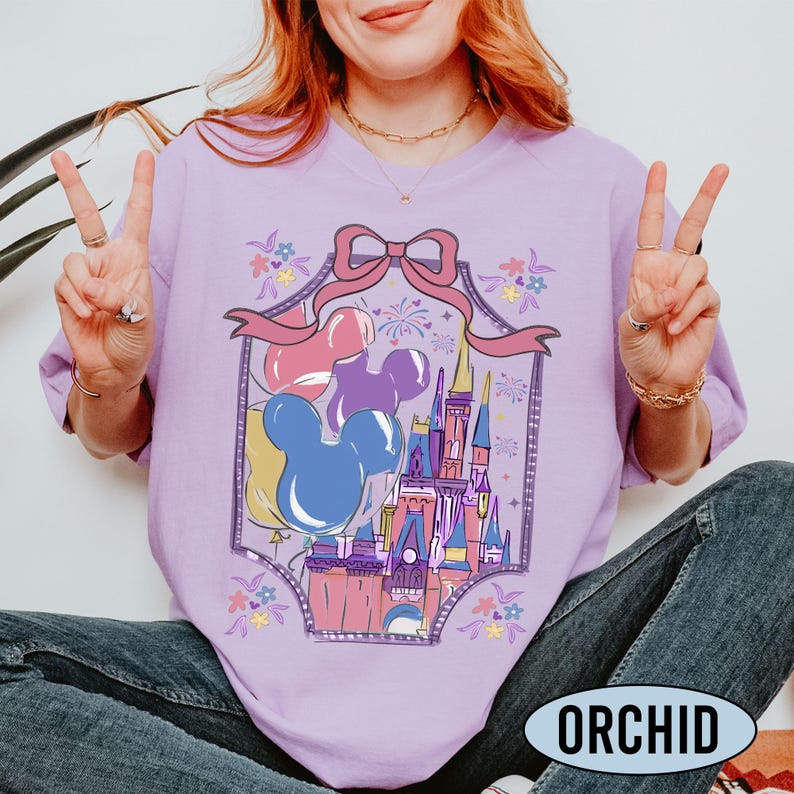 Coquette Bow Disney Castle Shirt, Magical Castle Shirt, Magic Kingdom Shirt, Mickey Balloon Shirt, Disneyland 70th Anniversary Shirt image 3