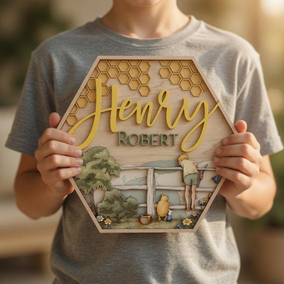 Custom Hexagon Nursery Name Sign, 3D Layered Wood Storybook Plaque, Vintage Pooh Inspired Name Sign, Personalized Honeycomb Nursery Decor