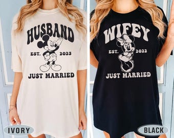 Personalized Mickey Minnie Just Married Shirt, Disney Wife Husband Shirt, Bride Groom Honeymoon Disney shirt, Wifey Hubby Shirt