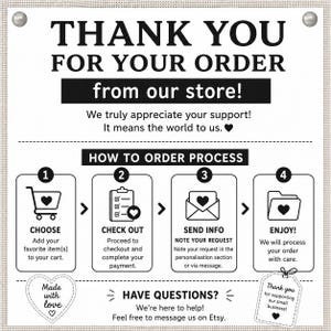May include: A white informational card with black text and icons. The header reads THANK YOU FOR YOUR ORDER from our store! Below, a four-step process is outlined: 1. CHOOSE, 2. CHECK OUT, 3. SEND INFO, 4. ENJOY! A heart icon and a small business tag are included.
