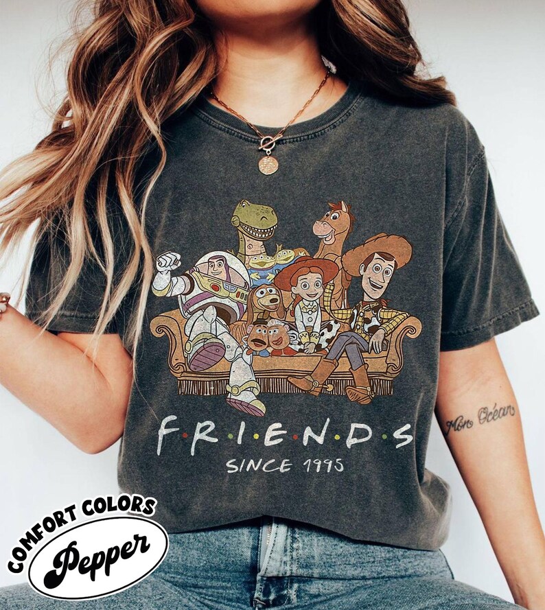 May include: Dark gray t-shirt featuring a graphic of Toy Story characters sitting on a couch. The word "FRIENDS" is printed below the graphic, with "SINCE 1995" underneath. The shirt is from Comfort Colors.