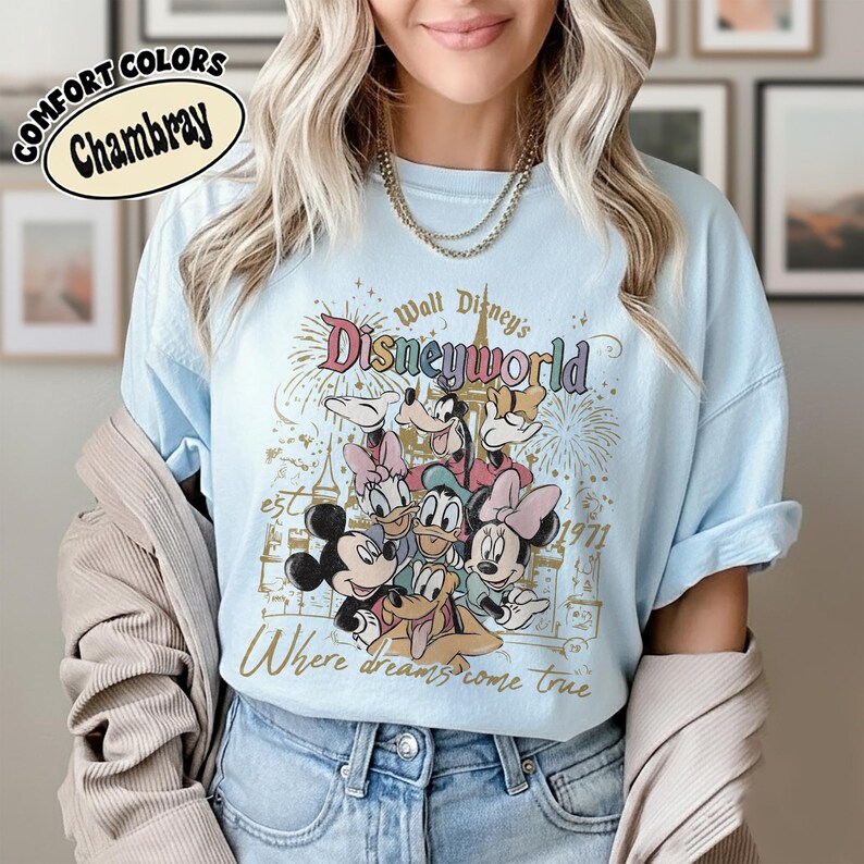 Vintage Walt Disney Disneyworld Est 1971-skjorta, Disneyworld-skjorta, Disney-familjesemester 2026-skjorta, Disney-resa-tröja, Disney-gruppskjorta Chambray-Comfort