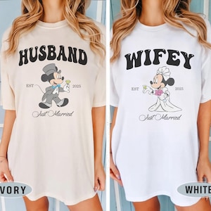 Custom Mickey Minnie Groom Bride Shirts, Disney Husband Wifey Shirt, Just Married Comfort Colors Shirt, Disney Couple Matching Shirts