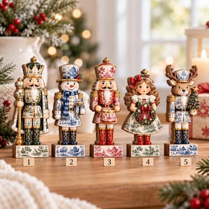 May include: A set of five decorative holiday figurines standing on a wooden surface, labelled one through five. The figures include a nutcracker in green, a snowman, a red nutcracker with a drum, a girl holding a wreath, and a reindeer.