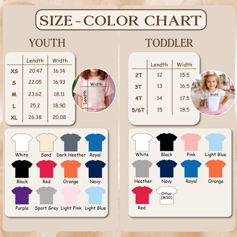 May include: Size and colour chart for youth and toddler t-shirts. Youth sizes XS to XL with length and width measurements in inches. Toddler sizes 2T to 5/6T with length and width measurements in inches. Colour options include white, black, red, and more.