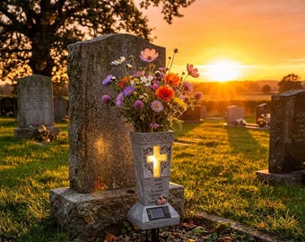 Solar Cemetery Vase with LED Cross Light, Memorial Flower Holder, Waterproof Grave Decor