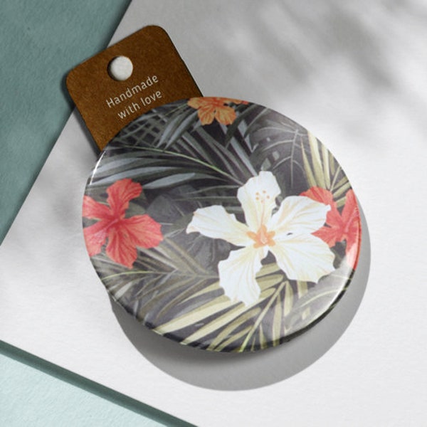 Fleurs hibiscus blanches et rouges - Badge et Magnet 58 mm