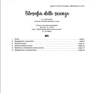 May include: A white page with the title "Filosofia delle scienze" in cursive script. Below, text details a university course, including the academic year, university name, and professor. An index lists topics like "Theories" and "Explanation and Prediction."