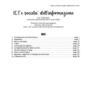 Puede incluir: Un documento blanco con texto negro titulado "ICT e societa' dell'informazione" y un índice de temas que incluyen "Hardware" y "Cybersecurity". El documento es de la Università Cattolica del Sacro Cuore (BS).