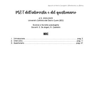 Può includere: Un documento bianco con il titolo "MET dell'intervista e del questionario" in scrittura nera. Il documento include il testo "A.S. 2024/2025" e un indice con numeri di pagina. Il documento è per l'Università Cattolica del Sacro Cuore (BS).