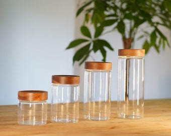 Glass Jar, Clear Glass, Natural wooden lid, screw-tight lid, Spice jar, Food canister, Kitchen organization, Pantry organization