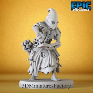 May include: A grey miniature figure of a hooded character holding a book and a cluster of round objects. The figure is chained and wears tattered clothing. The base reads "3D Miniatures Factory" and the logo "Epic Miniatures" is in the top right corner.