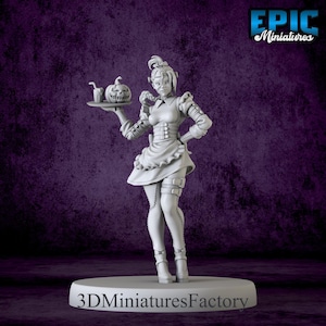 Könnte beinhalten: 3D-gedruckte Miniatur einer weiblichen Figur in einem Dienstmädchen-Outfit, die ein Tablett mit einem Kürbis und einem Getränk hält. Die Figur hat eine Steampunk-Ästhetik mit detaillierter Kleidung und Accessoires. Die Basis trägt die Aufschrift "3DMinaturesFactory".