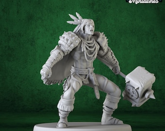 Native Warrior Miniature | Giant Hammer Adventurer PC NPC | DnD Pathfinder UNPAINTED Resin