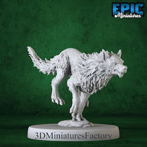 May include: A white wolf figurine in a running pose, with detailed fur texture. The figurine is on a white base with the text "3DMinaturesFactory". The Epic Miniatures logo is in the top right corner.