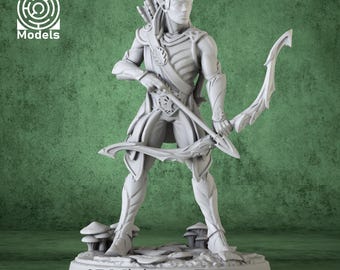 May include: A gray 3D printed miniature of an elf archer with a bow and arrow. The elf is wearing a detailed outfit with a leaf pattern. The miniature is standing on a base with mushrooms.