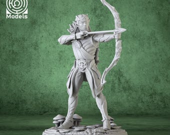 May include: A white painted miniature figurine of an elf archer with a bow and arrow. The elf is wearing a detailed outfit with a belt and a leaf design. The miniature is standing on a base with mushrooms.