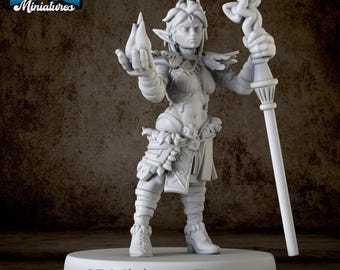 Miniatuur vrouwelijke elfdruïde | Fire Shaman Staff pc-NPC | 28 mm-40 mm hars D&D Pathfinder Mini