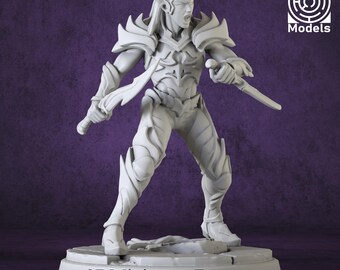 May include: A white 3D printed miniature of an elf warrior wearing armor and holding a sword. The miniature is standing on a round base with the text "3D Miniatures Factory" printed on it. The miniature is part of a collection of fantasy figures.