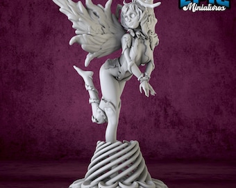 May include: A white 3D printed miniature of a female fairy with wings, wearing a leafy outfit and standing on a spiral base. The miniature is titled "Epic Miniatures".
