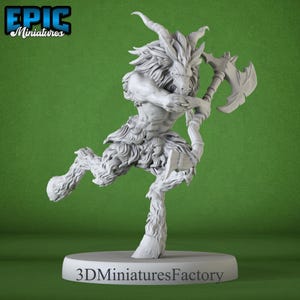 May include: A white 3D printed miniature of a goat-like creature with horns and a beard, holding a large axe. The miniature is standing on a round base with the text "3DminiaturesFactory" printed on it.