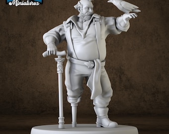 Pirate Captain Miniature | Sailor with Raven & Peg Leg | 28mm 32mm | UNPAINTED Resin | DnD 5E Pathfinder