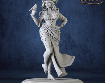 May include: A detailed 3D-printed figurine of a woman in a flowing dress, holding a bird. She wears a floral crown and has a smiling expression. The base reads "3DMinaturesFactory". The background is a dark blue.
