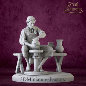 May include: A detailed figurine of a person working on a pottery wheel, shaping a vase. The figure is seated, wearing an apron, and surrounded by other pottery pieces. The base of the figurine has the text "3DMinaturesFactory". The logo "Great Grimoire" is visible.