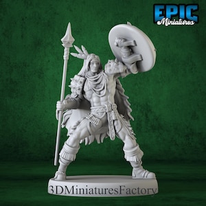 May include: A gray miniature figure of a warrior, holding a spear and shield. The figure is in a dynamic pose, with detailed armor and a feathered headdress. The base of the figure has the text "3D Miniatures Factory". The Epic Miniatures logo is in the top right corner.