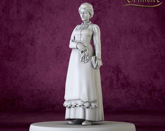 Pode incluir: Uma figura em miniatura branca de uma mulher em um vestido longo, segurando um livro e um pequeno objeto. A figura está em uma base redonda com o texto "3D Miniatures Factory". O fundo é roxo escuro e o texto "Great Grimoire" é visível.
