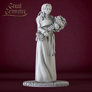 May include: A white painted figurine of a woman in a long dress holding a bouquet of flowers. The figurine is standing on a base with the text "3D Miniatures Factory".