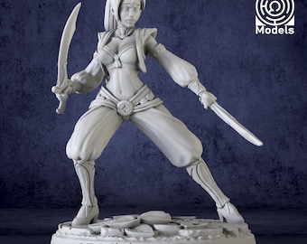 Miniatur einer weiblichen Elfen-Schurkin | Assassine mit Doppelklingen | 28 mm 32 mm 38 mm | Tabletop-Rollenspiel | Dungeons & Dragons | Fantasy-Miniatur