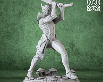 May include: A white 3D printed miniature of a fantasy elf warrior holding a sword. The elf is wearing armor and has pointed ears. The miniature is standing on a base with mushrooms.