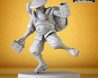 May include: A gray 3D printed miniature of a figure wearing a conical hat and carrying a barrel and a mug. The figure is wearing a long robe and has a long beard. The miniature is standing on a round base with the text "3DminiaturesFactory" printed on it.
