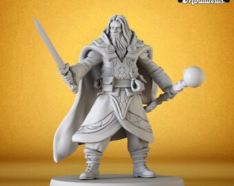 Human Wizard Miniature | Sword & Magic Staff | 28mm 32mm | UNPAINTED Resin | DnD 5E Pathfinder