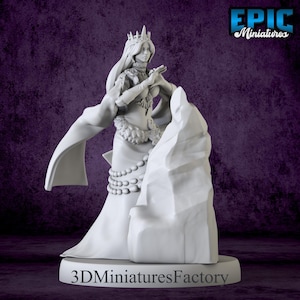 May include: A white miniature figurine of a regal woman wearing a crown and long flowing gown. The figure is holding her hands together in front of her. A large rock formation is next to her. The base of the figurine has the text "3D Miniatures Factory". The Epic Miniatures logo is in the top right.