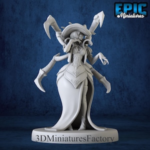 May include: A white fantasy miniature of a female figure with spider-like appendages, wearing a hat and dress. The figure is on a round base with the text "3D Miniatures Factory". The logo "EPIC Miniatures" is in the upper right corner.