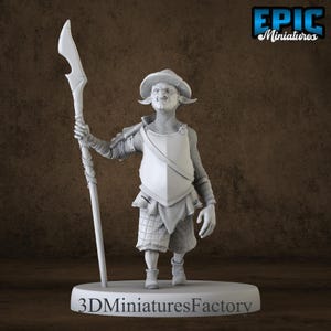 May include: A light gray miniature figurine of a goblin warrior standing on a circular base. The figure wears a wide-brimmed hat, chainmail armor, and a chest plate, while holding a long polearm weapon. The base features the text 3DMiniaturesFactory.