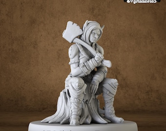 Miniature | Orc Tiefling Female Sitting - DnD Miniature for Tabletop Games - Premium dnd Miniature Dungeons and Dragons 3D Printed