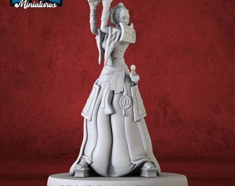 May include: A white painted miniature figurine of a female warrior in a traditional Japanese outfit, holding a sword above her head. She is wearing a long skirt, a sash, and a headband. The figurine is standing on a round base with the text "3DMiniaturesFactory" printed on it.
