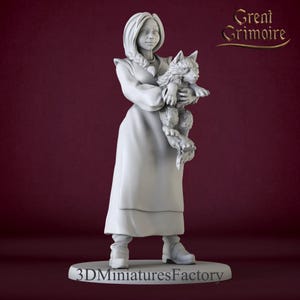Miniatura di Eileen (femmina) e Milo per D&D / Abitante del villaggio con cane / Modello da tavolo stampato in 3D