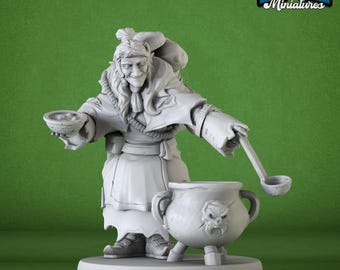 Female Witch Miniature | Brewing Potion with Cauldron | 28mm 32mm | UNPAINTED Resin | DnD 5E Pathfinder