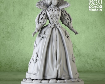 Op de afbeelding: Een grijze, 3D-geprinte miniatuur van een historische figuur in een lange jurk met fleur-de-lis accenten. De figuur heeft een grote gerimpelde kraag en sierlijke mouwen. De basis leest "3D Miniatures Factory".