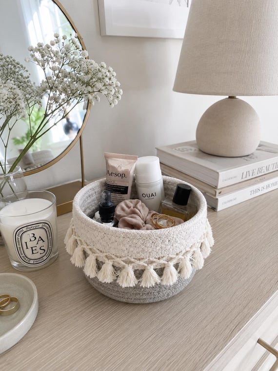 Aufbewahrungskorb mit Quasten | Boho Korb | Badezimmer Organizer | Kosmetik Aufbewahrung | Kinderzimmer Deko