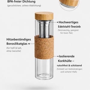 May include: A clear glass tea infuser bottle with a bamboo lid and a cork sleeve. The bottle has a stainless steel tea strainer and is designed for hot and cold beverages. Text on the bottle describes its features.