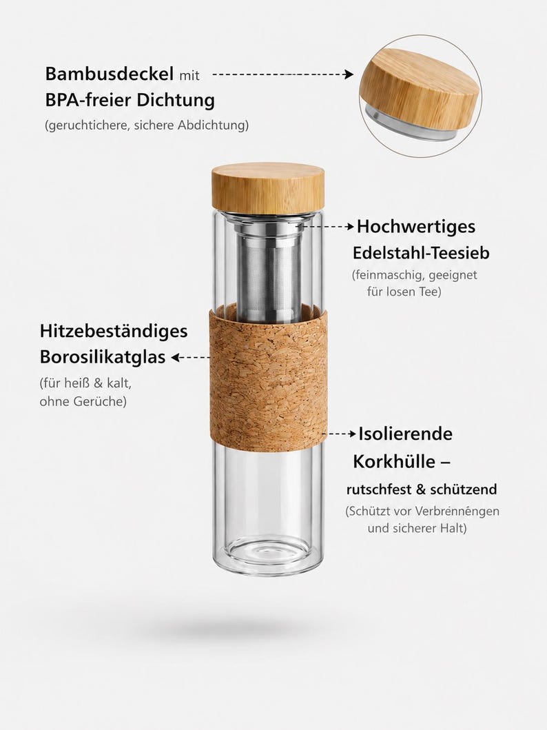 May include: A clear glass tea infuser bottle with a bamboo lid and a cork sleeve. The bottle has a stainless steel tea strainer and is designed for hot and cold beverages. Text on the bottle describes its features.